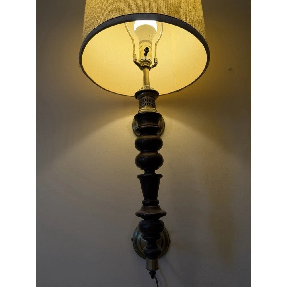 Vintage Roman Column Wall Sconce Lamp Wood Brass Org Linen Shade MCM Style